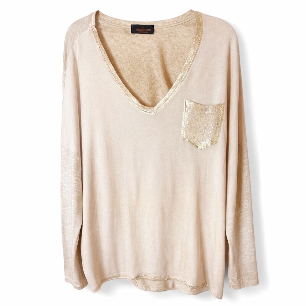 Marisima Made in Italy Beige V-Neck Long Sleeve Top Sequin Pocket One Size